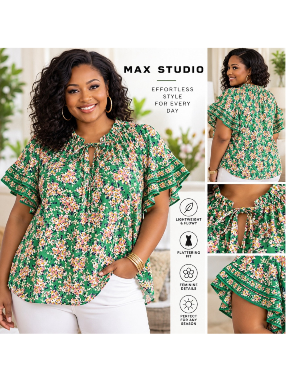 Max Studio Green Floral Ruffle Sleeve Tie Neck Blouse Women’s 1X Boho